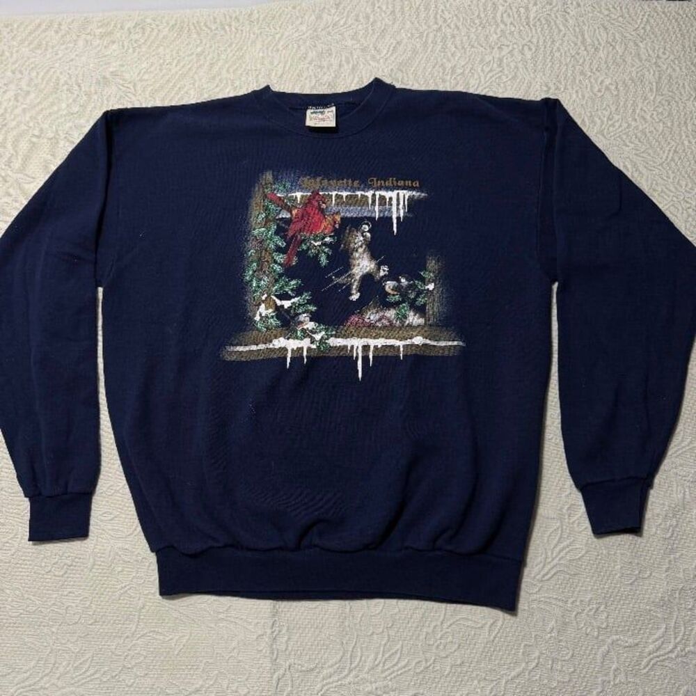 Vintage Morning Sun Lafayette Indiana Winter Cat Cardinal Crewneck Size XL